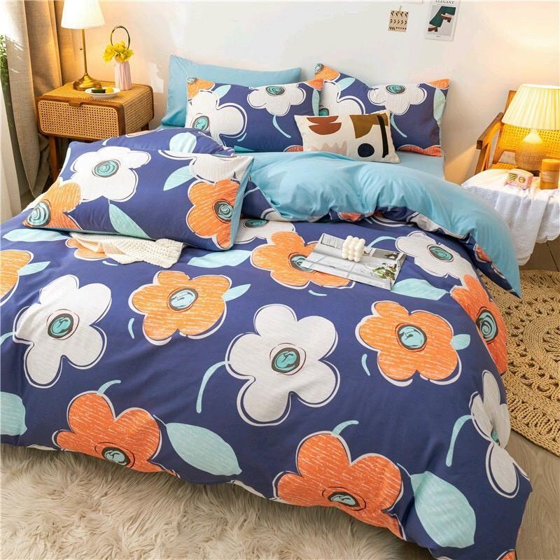 Bộ chăn ga Cotton Poly Hoa cam trắng phối ga xanh - Hàng nhập khẩu