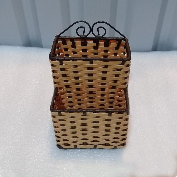 Ống nhựa giả mây vuông 2 ngăn- Đựng viết- đũa muỗng- bàn chải