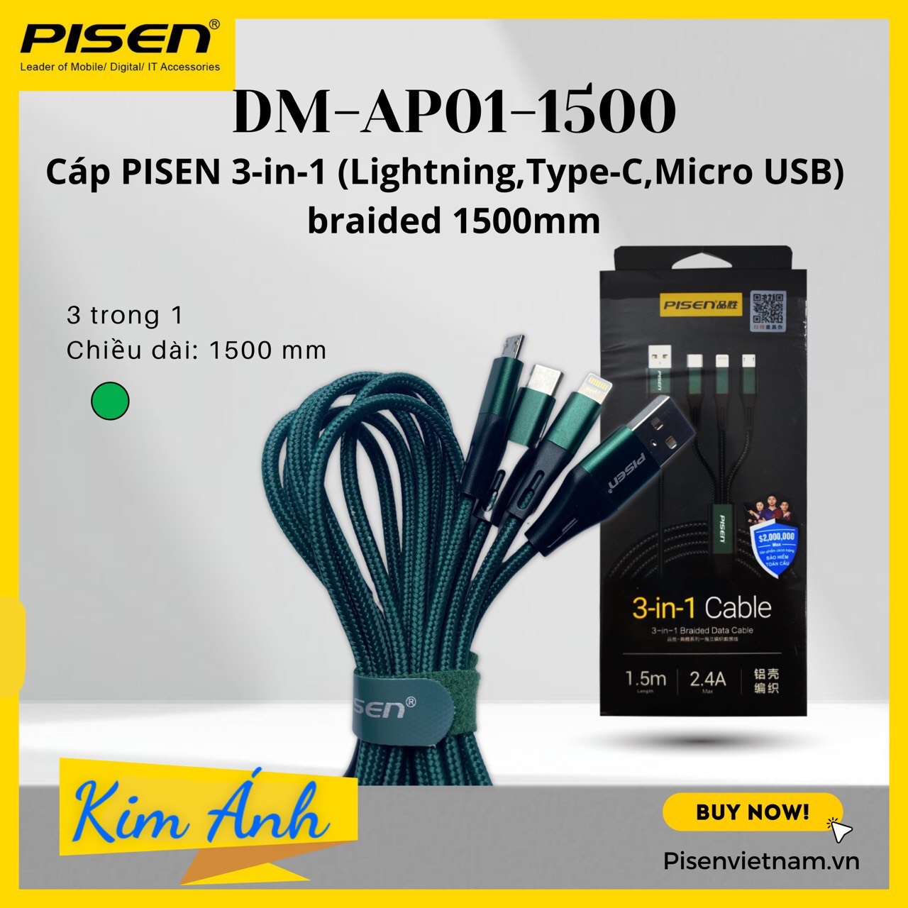 Cáp sạc nhanh PISEN 3 in 1 (L/ Type-C/ Micro) 2.4A braided 1.5m ( DM-AP01-1500), dây dù chống xoắn, hàng chính hãng