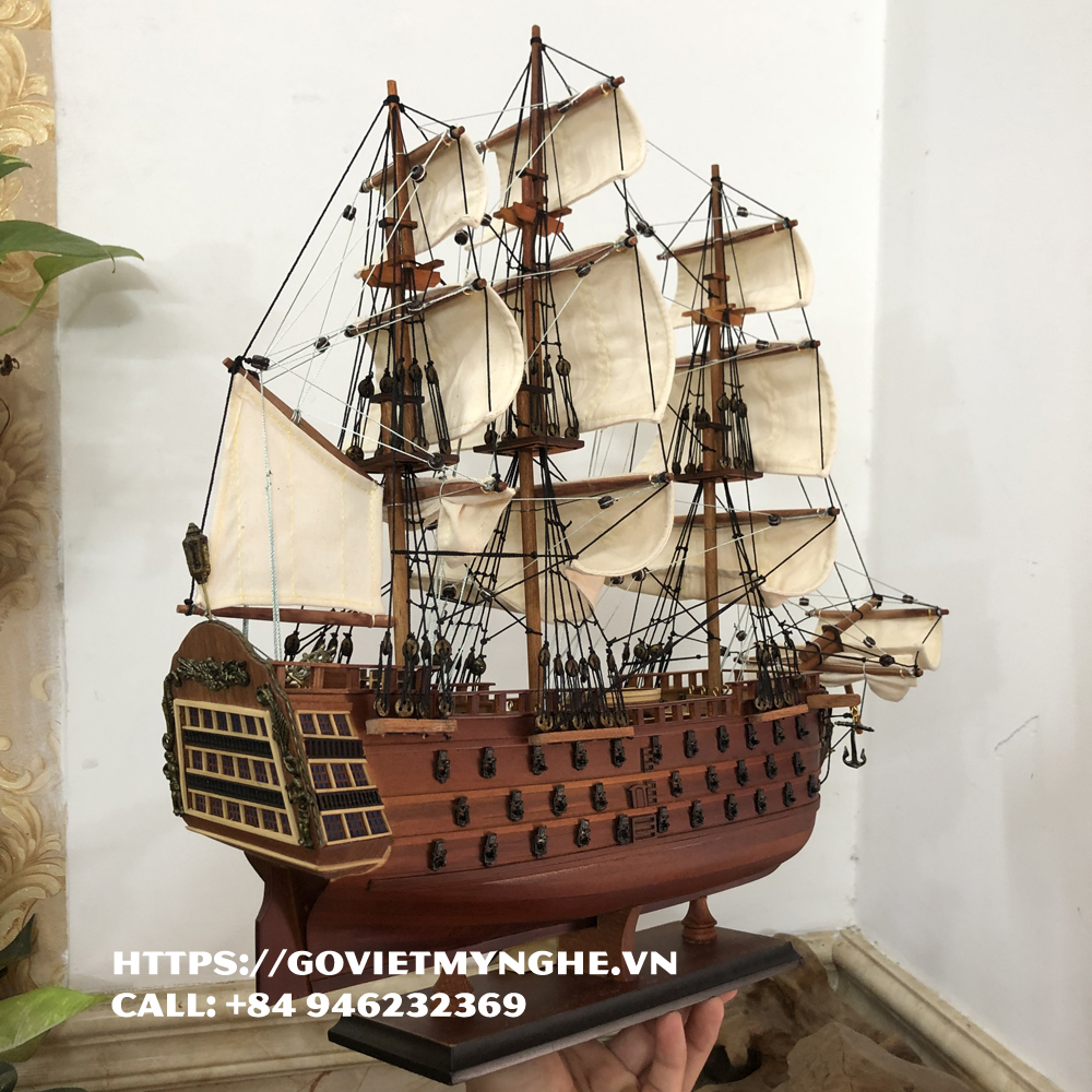 Mô hình thuyền gỗ thuyền trang trí tàu chiến cổ HMS Victory - Gỗ căm xe - Thân tàu dài 40cm - Buồm vải bố