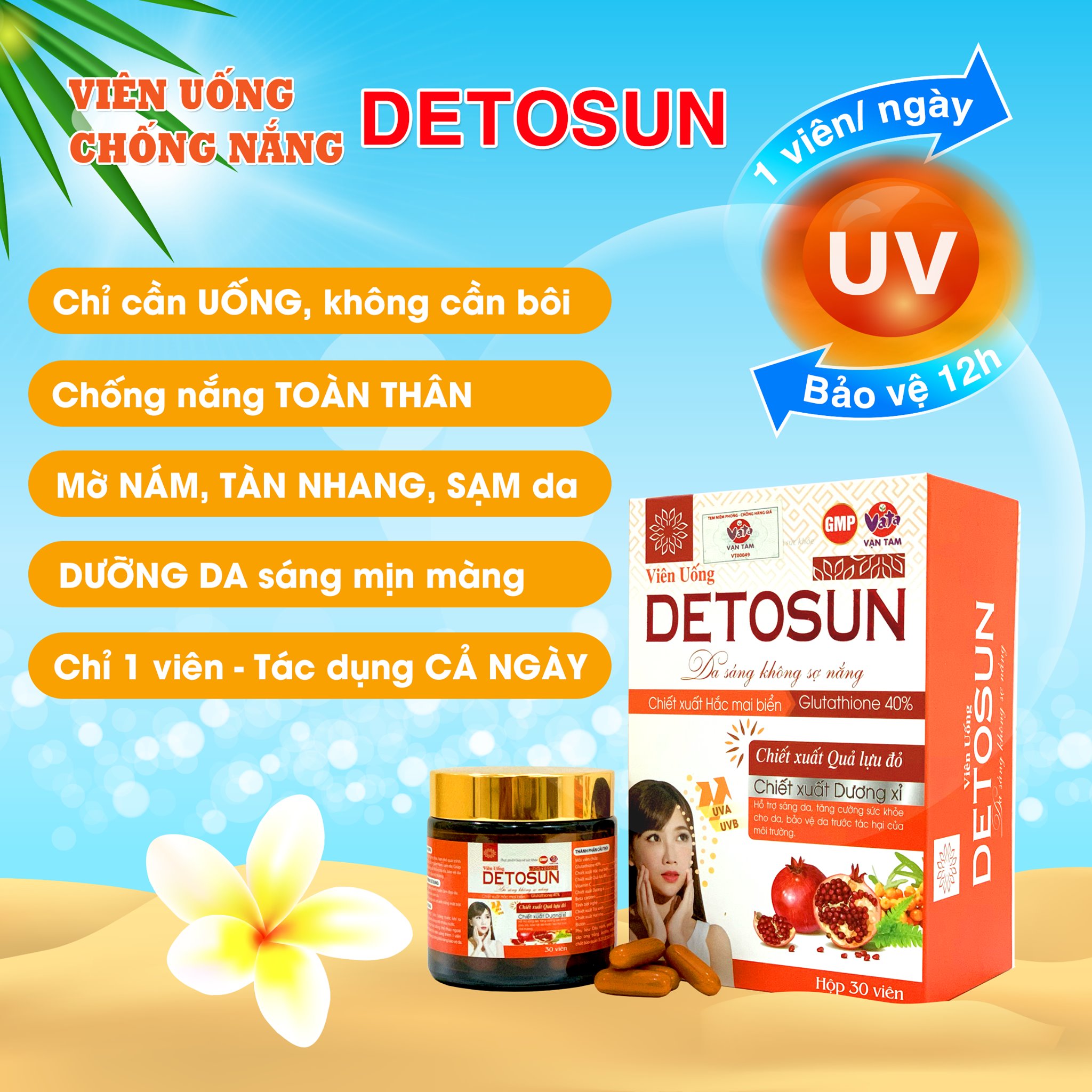 Viên Uống Hạn Chế Tác Hại Từ Nắng Detosun Vạn Tam Hỗ Trợ Bổ Sung Glutathione Giúp Trắng Da Mờ Sạm Nám Chống Lão Hóa Và Bảo Vệ Da. Hộp 30 viên