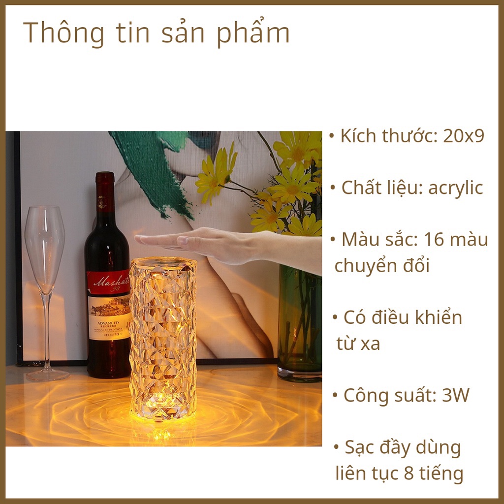 Đèn ngủ pha lê cảm ứng 16 màu hình trụ để bàn, có điều khiển từ xa điều chỉnh được độ sáng