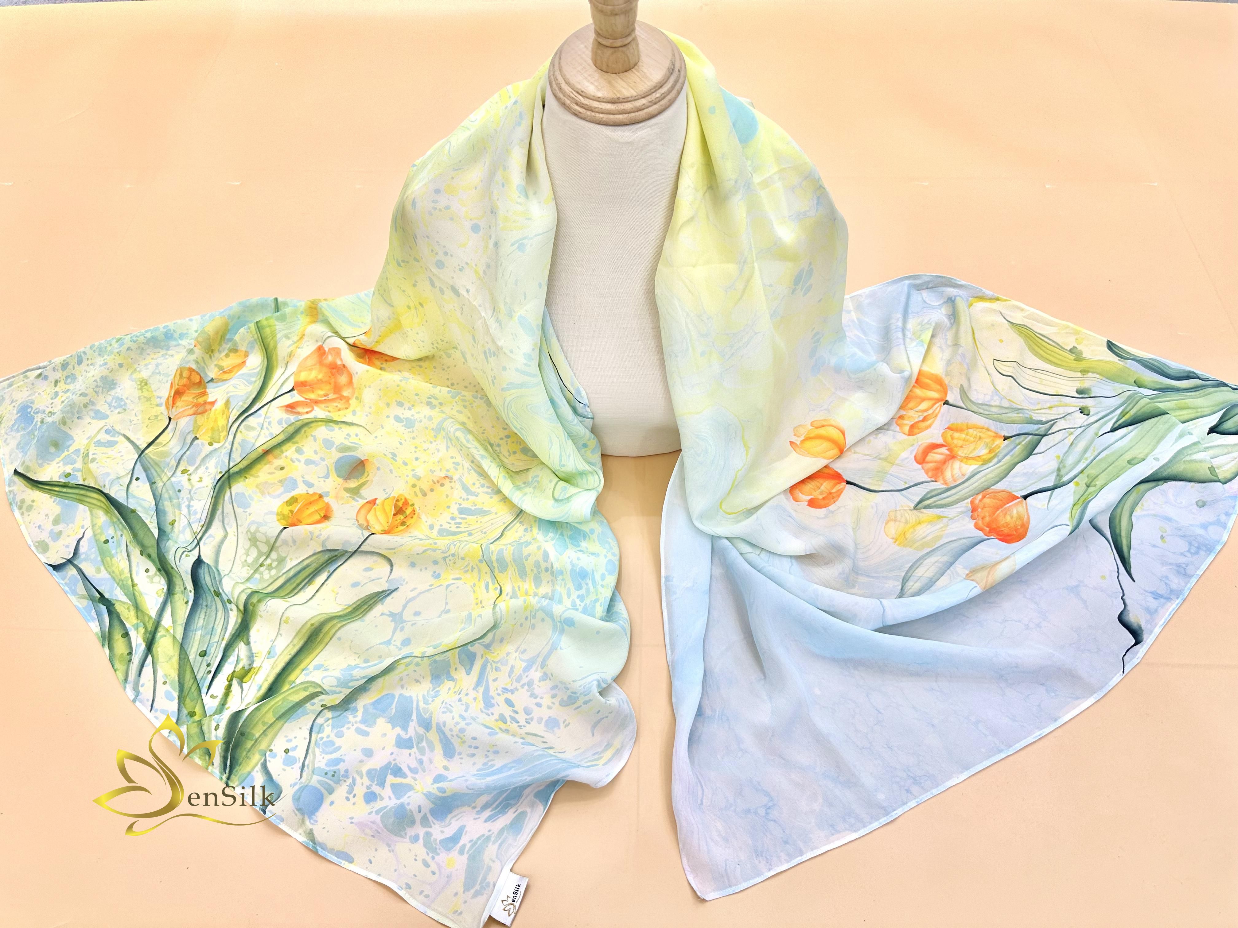 100% Mulberry Silk Scarf Water Marble Hand Painted - Khăn Lụa Cao Cấp Sen Silk Thuỷ Ấn Tulip - Quà Tặng Đẳng Cấp - Vietnam Handmade Gift