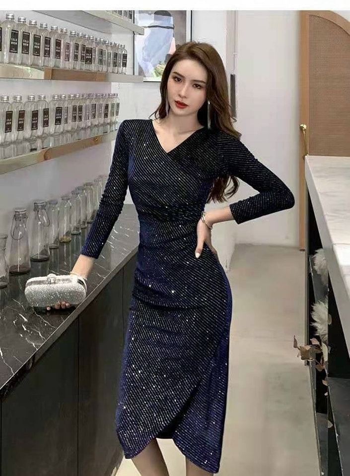 ĐẦM BODY NHUNG KIM SA CỔ ĐẮP CHÉO CAO CẤP