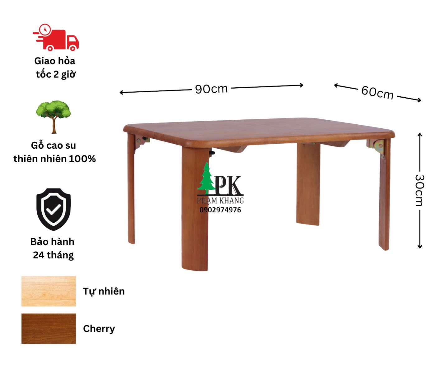 Bàn gỗ xếp chân bánh mì Phạm Khang - Gỗ cao su tự nhiên màu Gỗ Tự Nhiên/ Vàng Cherry - Kích thước 60 x 90 cm