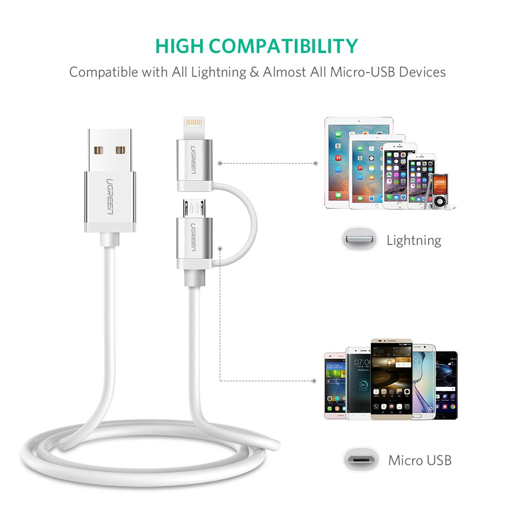 Cáp sạc điện thoại, smartphone 2 trong 1 Ugreen 20749 dài 1.5m chuẩn Micro USB và Lightning, sợi dây dầy, 3 đầu bọc aluminium - Hàng Chính Hãng