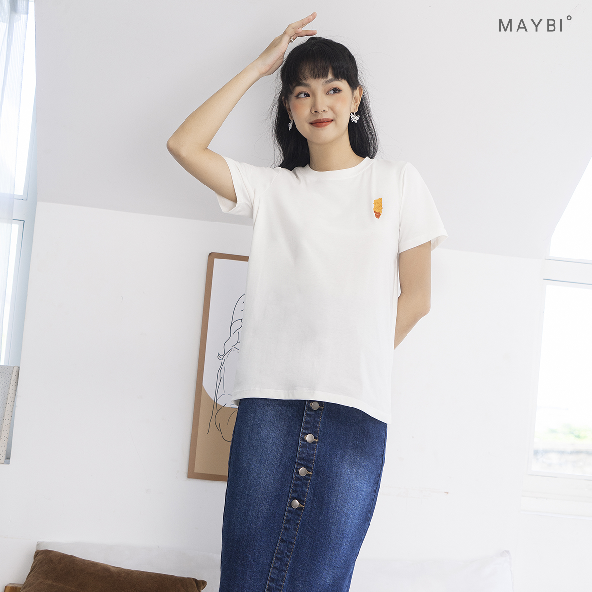 MAYBI - Chân váy jean dài xanh đậm