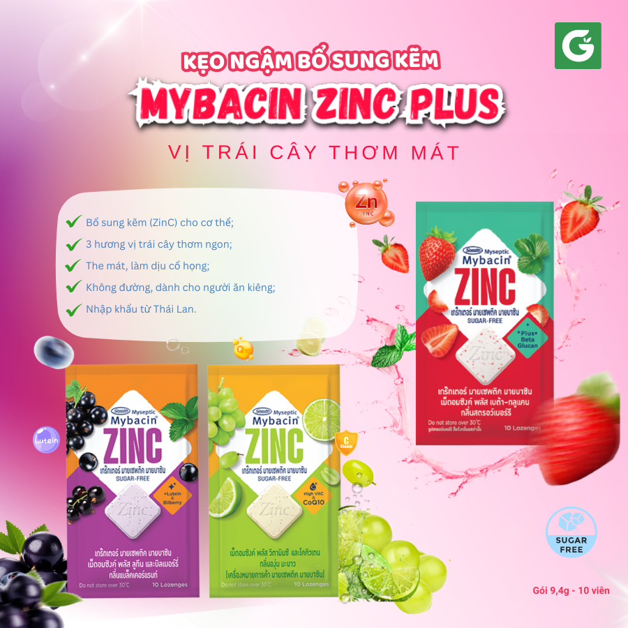 Kẹo Ngậm Mybacin Zinc Plus - Vị Trái cây The Mát Không Đường - Gói 9,4g (10 Viên) - Hàng Nhập Khẩu Thái Lan