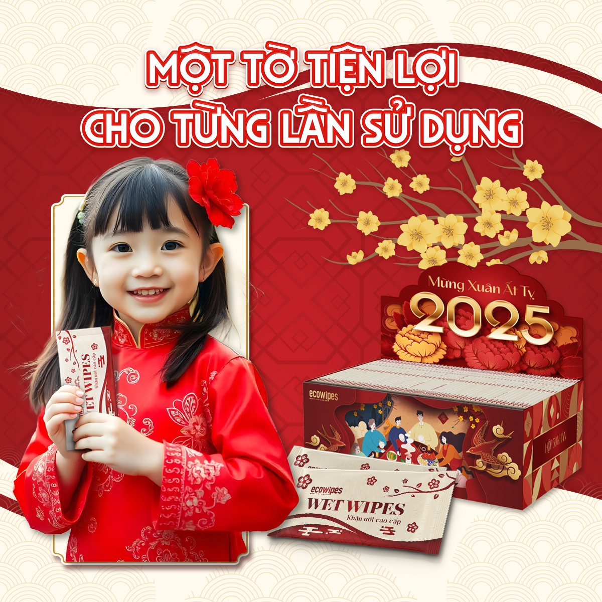 Hộp 50 tờ khăn ướt cao cấp EcoWipes Tết Preminum hương thơm mát tự nhiên để bàn ăn tiếp khách