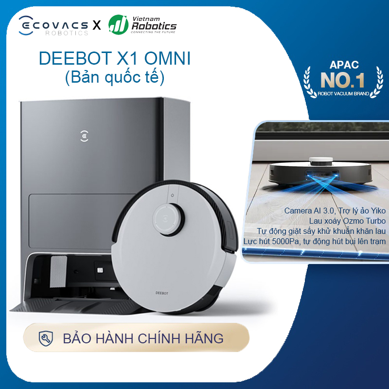 Robot Hút Bụi Lau Nhà Tự Đổ Rác Và Giặt Giẻ Ecovacs Deebot X1 Omni Thông Minh Công Suất Hút Lên Tới 5000pa Hệ thống AIVI 3D Thế Hệ 2 Có Sức Mạnh Tính Toán Hơn 8 Tần T8 Aivi, 16 Lần T9 - Hàng Chính Hãng