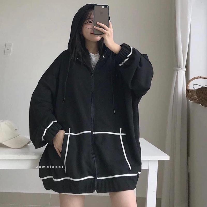 Áo Khoác Nỉ Khóa Zip Oversize VIỀN CHỈ NỔI - Hoodie dáng thụng form rộng dài tay, kiểu dáng basic, thiết kế trẻ trung