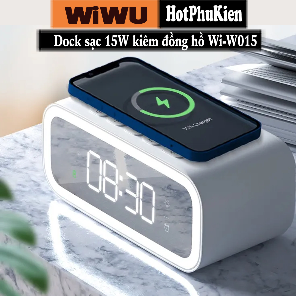 Đế sạc không dây sạc nhanh 15W kiêm đồng hồ để bàn và đèn ngủ hiệu WIWU Time Wireless Charger Wi-W015 - sạc cùng lúc 2 thiết bị, Chuẩn Qi, Smartchip, đèn LED nhiều màu - Hàng nhập khẩu