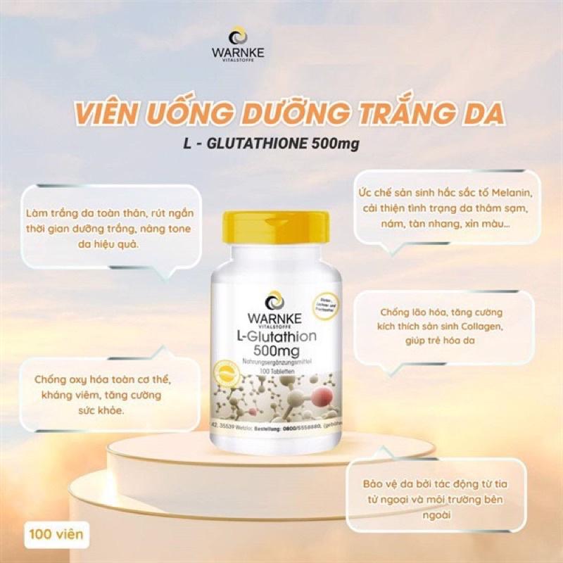 Viên Uống Trắng Da, Ngừa Lão Hóa, Ngăn Nám Warnke L-Glutathion, 500mg, Giúp Dẹp Da Từ Bên Trong, Nhập Đức, 100 Viên