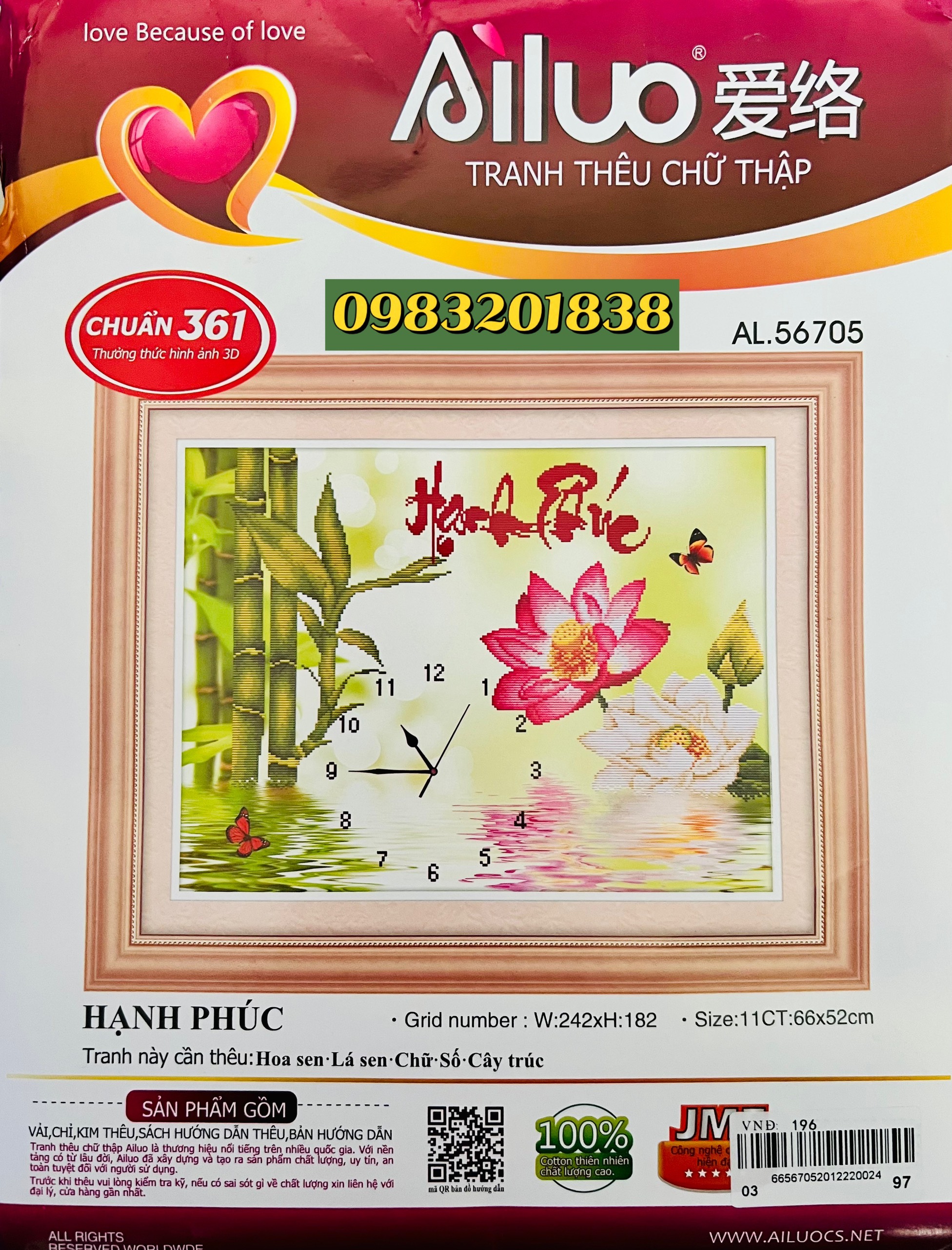 Tranh thêu chữ thập Đồng hồ Hạnh Phúc AL56705, tranh 3D. kích thước 66 x 52 cm