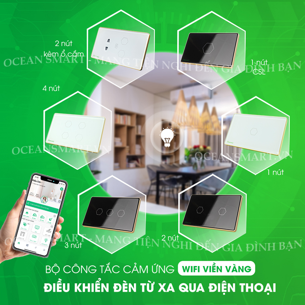 Công Tắc Cảm Ứng Thông Minh, Công Tắc Wifi HUNONIC Hình Chữ Nhật Có Viền - HNSC