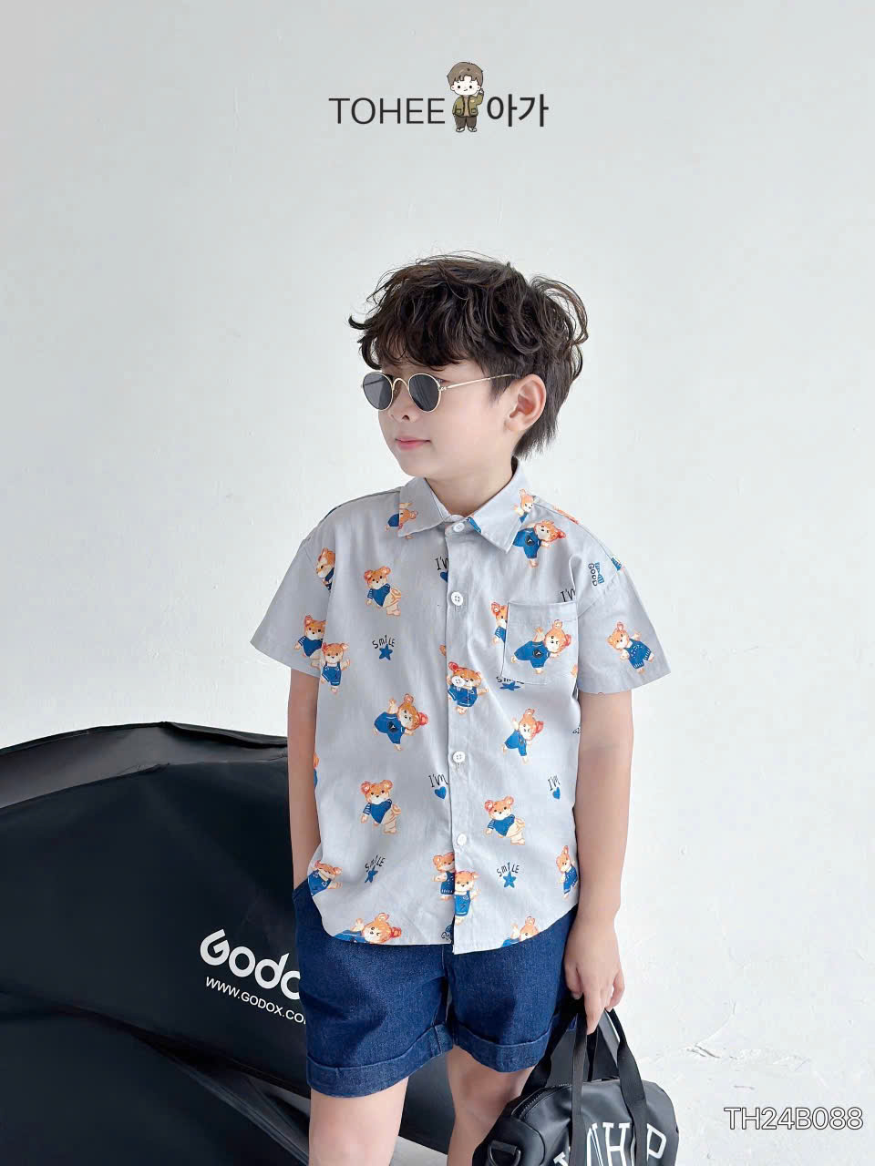 Set bộ cho bé trai áo sơ mi phối quần jeans họa tiết gấu từ 10-25kg chất vải mềm mát