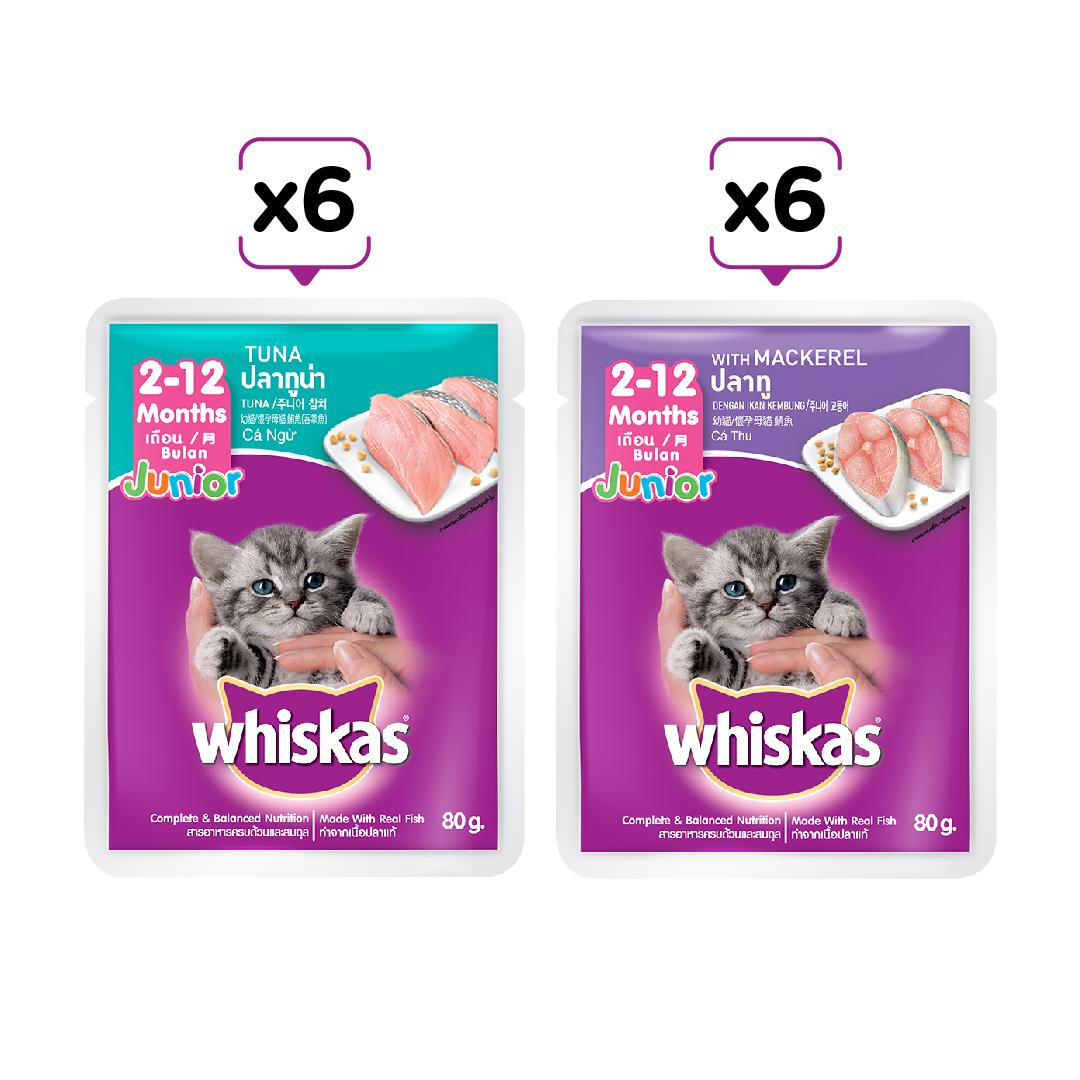 Combo Whiskas mèo con 80g mix 2 vị (cá ngừ + cá thu) - 12 túi