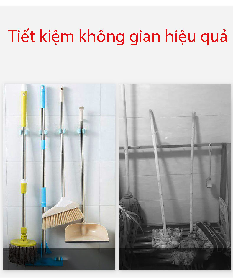 Bộ 2 móc treo chổi, cây lau nhà dụng cụ tẩy rửa nhà tắm dán tường chống khuẩn tiết kiệm không gian chịu lực tối đa 5Kg