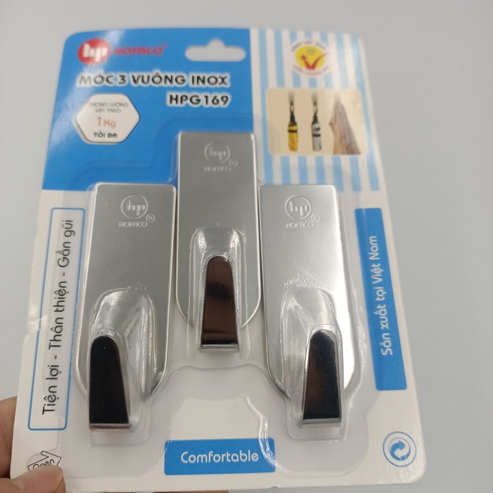 Bộ 3 móc dán tường vuông inox xịn siêu chắc