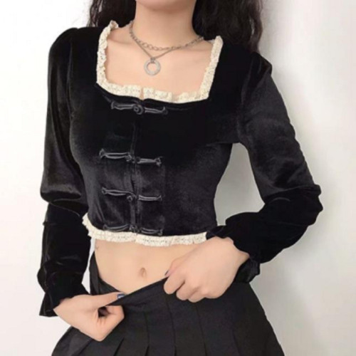 Áo croptop nhung tay dài cổ vuông đính cúc tàu