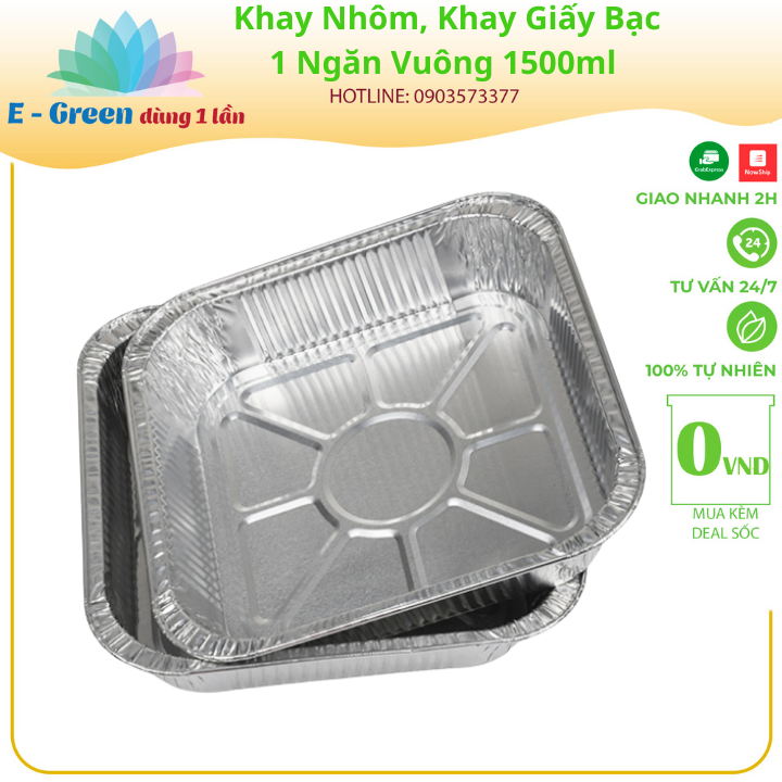 Combo 10-50 Khay Nhôm, Khay Giấy Bạc 1 Ngăn Vuông 1500ml Có Nắp, Đựng Thực Phẩm, Đồ Nướng Tiện Lợi - Egreen dùng 1 lần