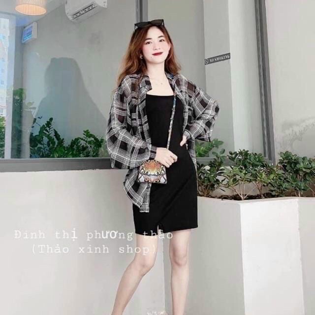 Set đầm body kèm áo khoác phối caro cực cá tính