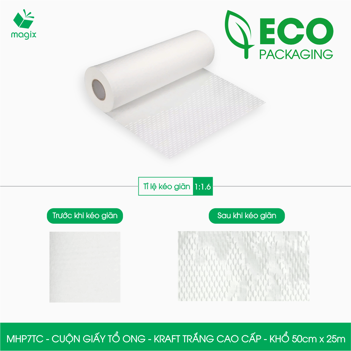 MHP7TC - 50cm x 25m - Cuộn giấy tổ ong chống sốc - Kraft trắng Cao Cấp - Giấy gói hàng, gói quà