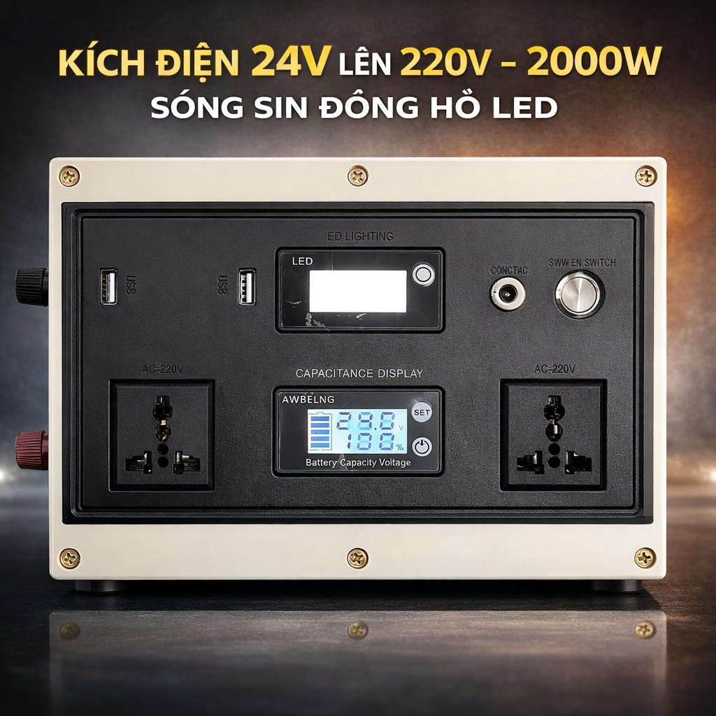 Bộ Kích Điện 24V → 220V 2000W Sóng Sin Chuẩn Nhật – Nguồn Điện Ổn Định, Có LED Hiển Thị, Dùng Cho Xe &amp; Gia Đình