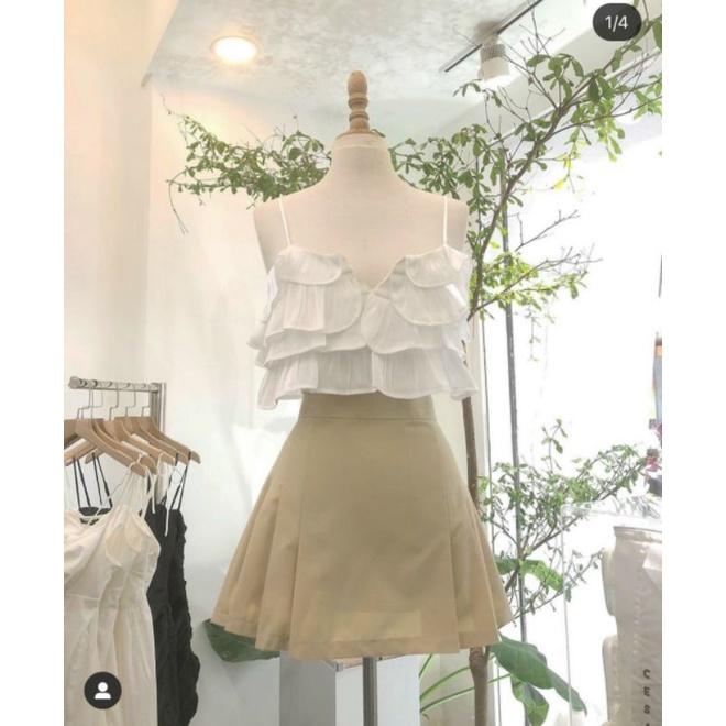 SET CROP TRẮNG 2S BÈO TẦNG + CHÂN VÁY NUDE XẾP LY