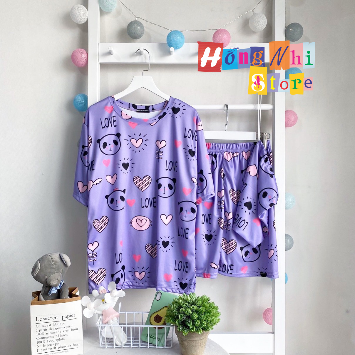 Bộ Ngủ Hoạt Hình Thun Thái Kèm Túi Vải Quần Đùi Dáng Rộng Cao Cấp - MM