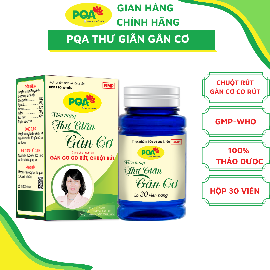 Viên nang PQA Thư Giãn Gân Cơ là dược phẩm thảo dược hỗ trợ kho phong hàn, thư giãn gân cốt, giúp giảm các triệu chứng đau mỏi gân cơ, chuột rút cho người bị đau nhức xương khớp, gân cơ co rút, chuột rút do phong hàn