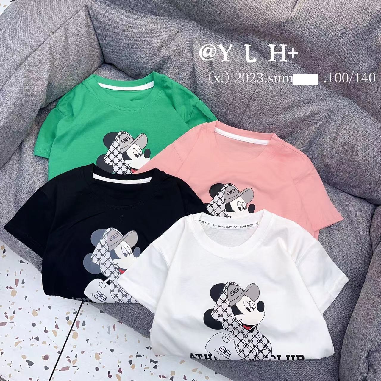 Áo cộc tay bé gái 3-8 tuổi hình Mickey và số 1990, Áo hè cho bé vải cotton co giãn thấm hút mồ hôi Hàng Quảng Châu