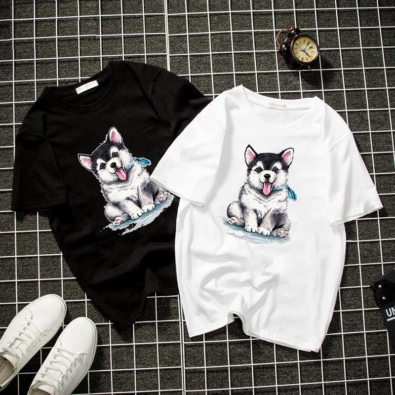 Áo thun unisex form rộng cún con đáng yêu vải dày mịn 2019T1708