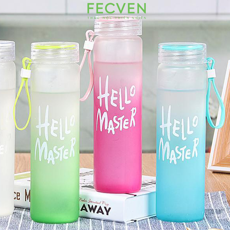 Bình Nước Thủy Tinh Hello Master, Quai Xách Silicon Dung Tích 480ML Fecven