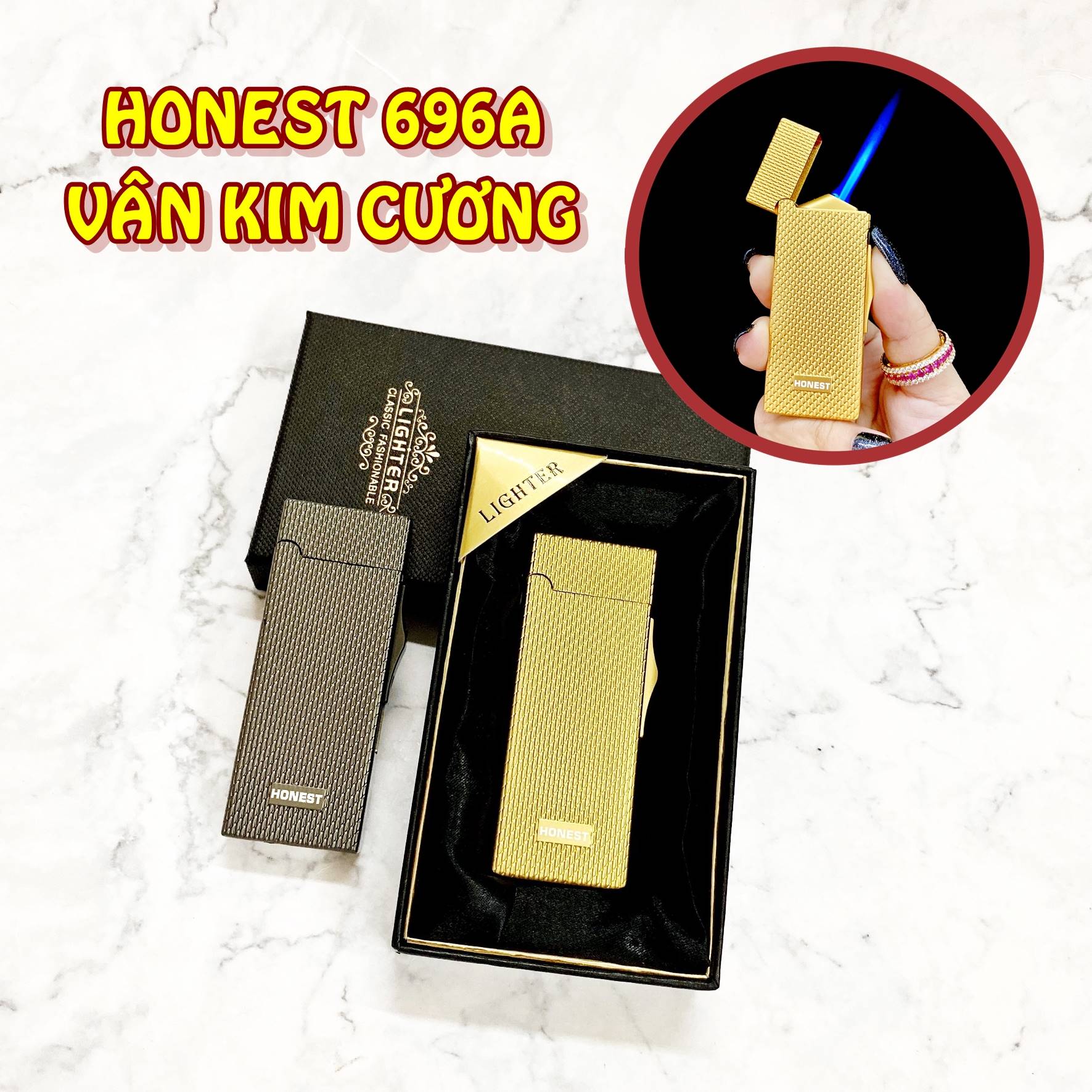 Hộp quẹt bật lửa khè Honest 696A vân kim cương - (xài gas)