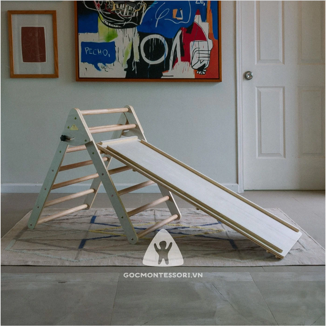 Combo Pikler Triangle 120cm Góc Montessori Giúp Trẻ Phát Triển Vận Động Thô: Thang Tam Giác Vận Động Gấp Gọn + Tấm Trèo Kiêm Cầu Trượt 120cm