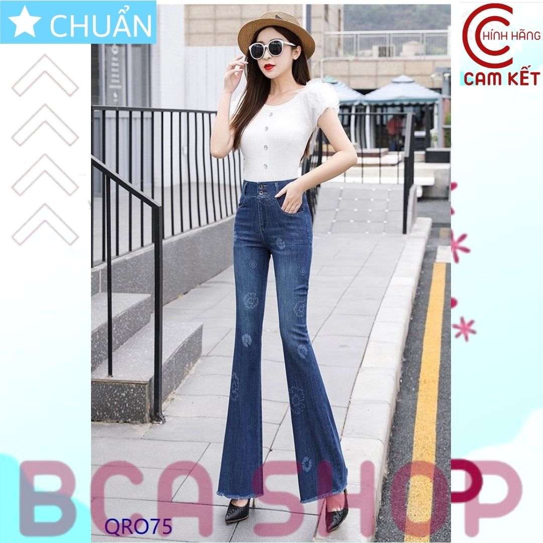 Quần jean nữ ống loe QRO75 ROSATA tại BCASHOP dáng dài thêu hoa, lưng cao 2 nút, phom chuẩn, chất liệu jean - xanh đậm