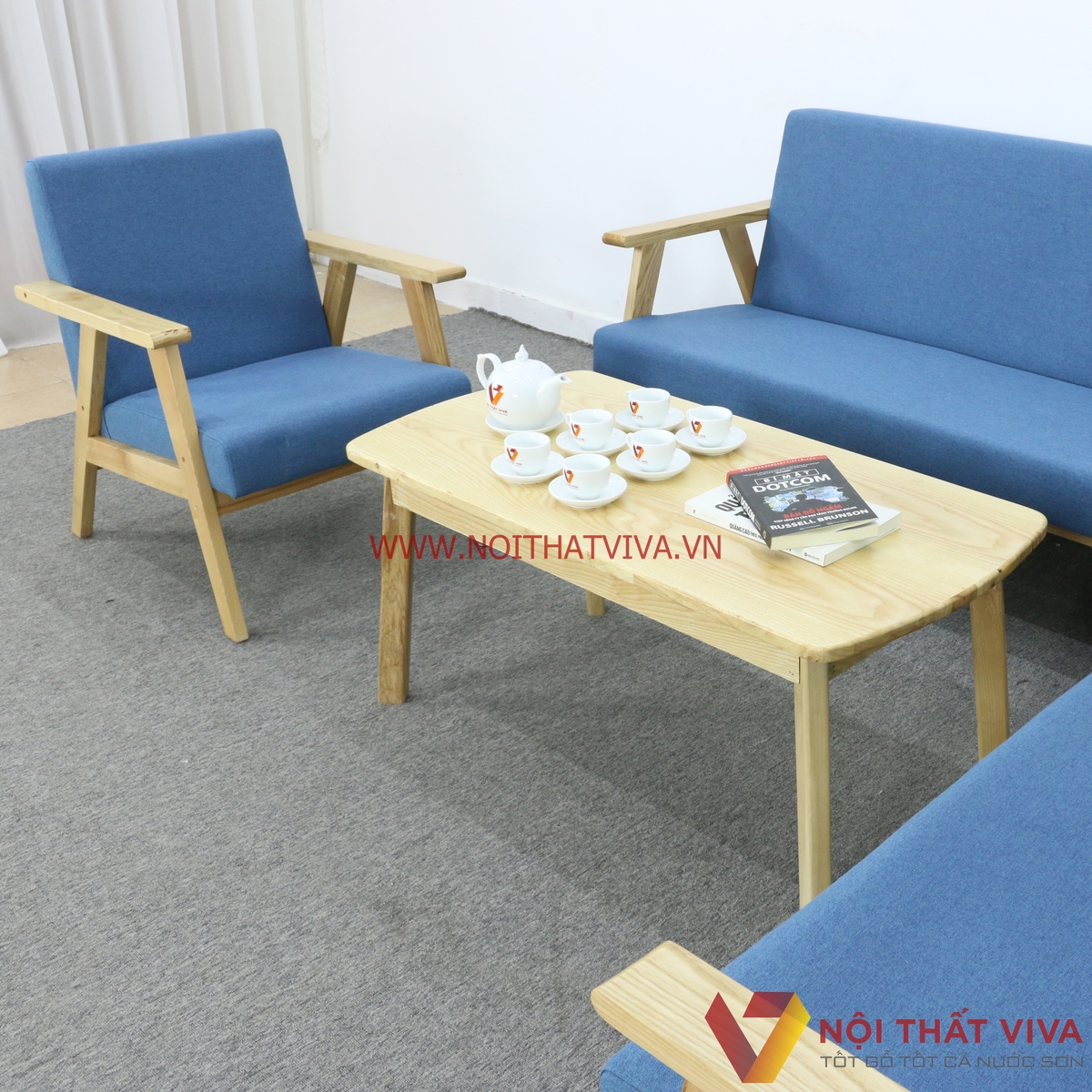 Bộ Sofa Văng Gỗ Sồi Nga Bọc Nỉ Màu Xanh Dương Đơn Giản Hiện Đại Giá Rẻ