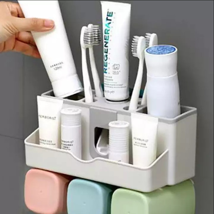 Kệ để đồ dùng nhà tắm đa năng dán tường, hộp đựng kem đánh răng tự động tặng kèm 4 ly siêu tiện dụng