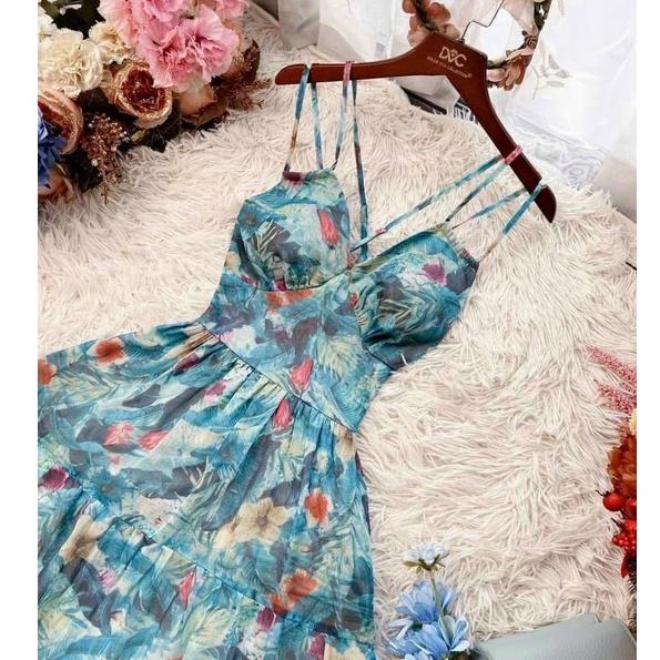 Đầm Maxi Đi Biển Hai Dây Lụa Hoa Kèm Mút Cho Nàng Bung lụa Sống Aỏ