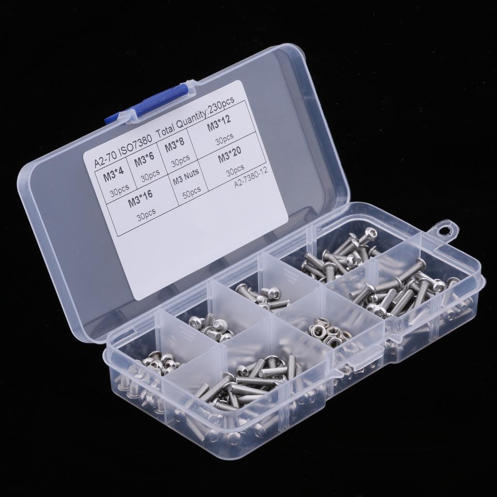 230 Pieces M3 Stainless Steel Button Head Hex Socket Screw & Hex Nuts Kit with Plastic Box