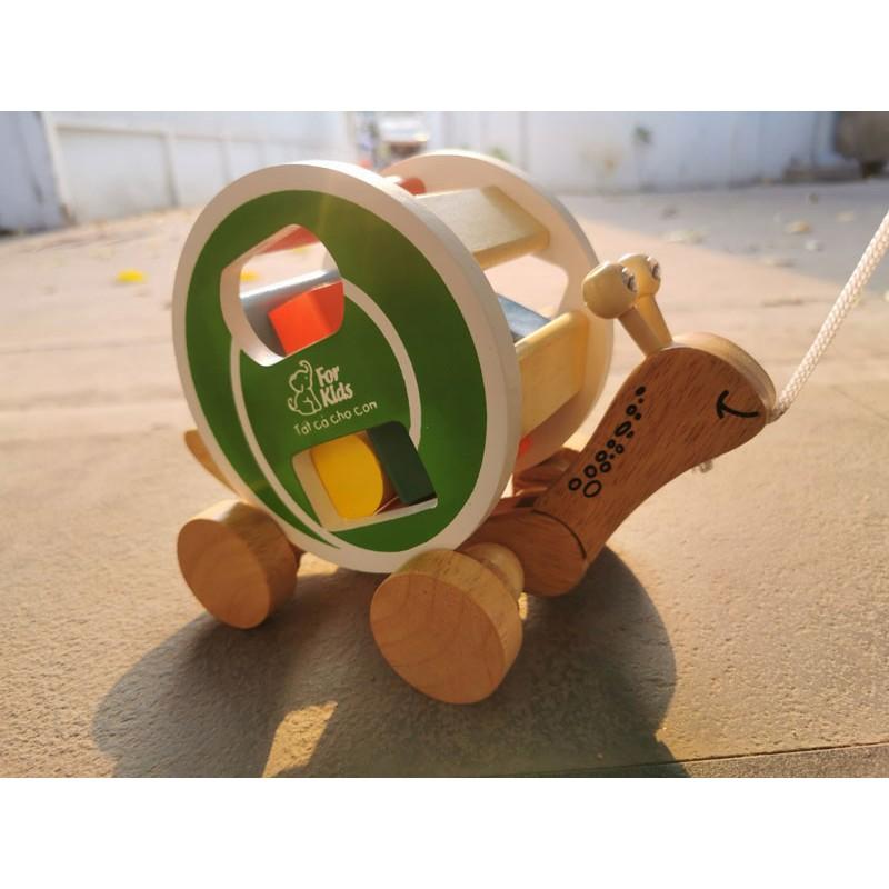 Xe kéo ốc sên thả hình khối bằng gỗ cho bé chơi kéo đẩy và học 5 loại khối