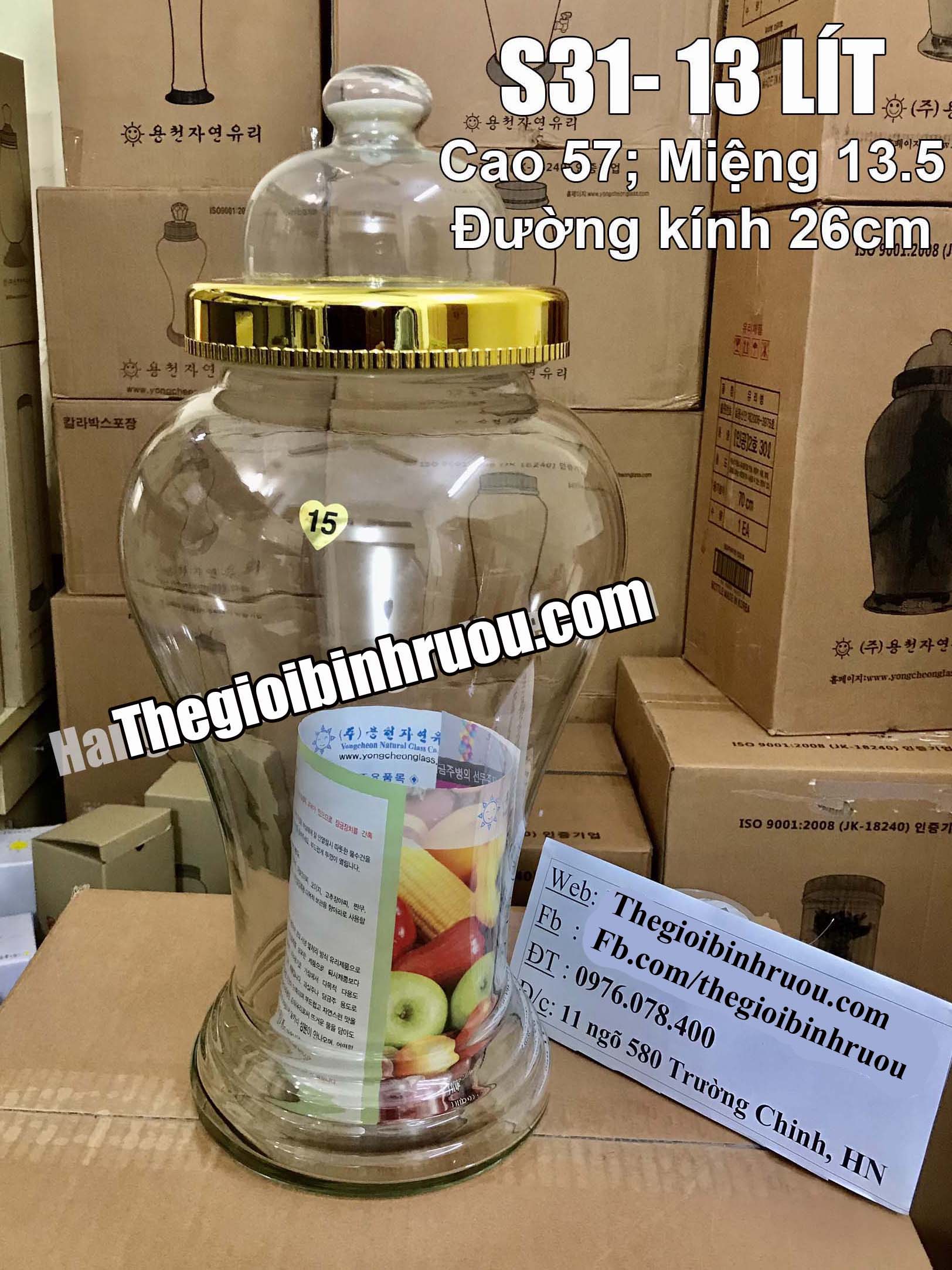 Bình Thủy Tinh Ngâm Rượu Hàn Quốc 13L Có Núm