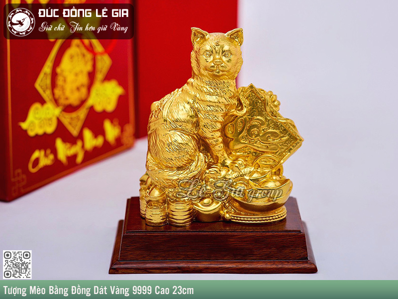 Tượng Mèo bằng đồng dát vàng 9999 cao 23cm