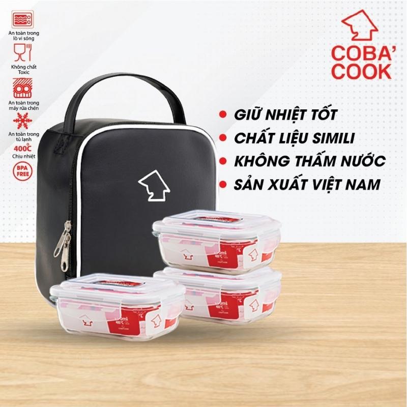 Bộ 3 hộp thủy tinh chịu nhiệt COBA'COOK 3 hộp chữ nhật 370ml và 1 túi simili giữ nhiệt -CCL33SS