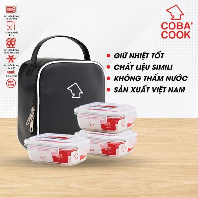 Bộ 3 hộp thủy tinh chịu nhiệt COBA'COOK 3 hộp chữ nhật 370ml và 1 túi simili giữ nhiệt -CCL33SS