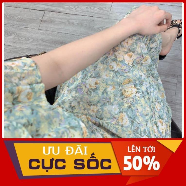 VÁY HOA XANH VOAN TRỄ VAI BÈO TẦNG 2 LỚP