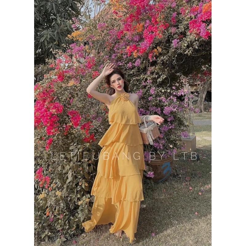 ĐẦM MAXI CỔ YẾM TẦNG KÈM HOA
