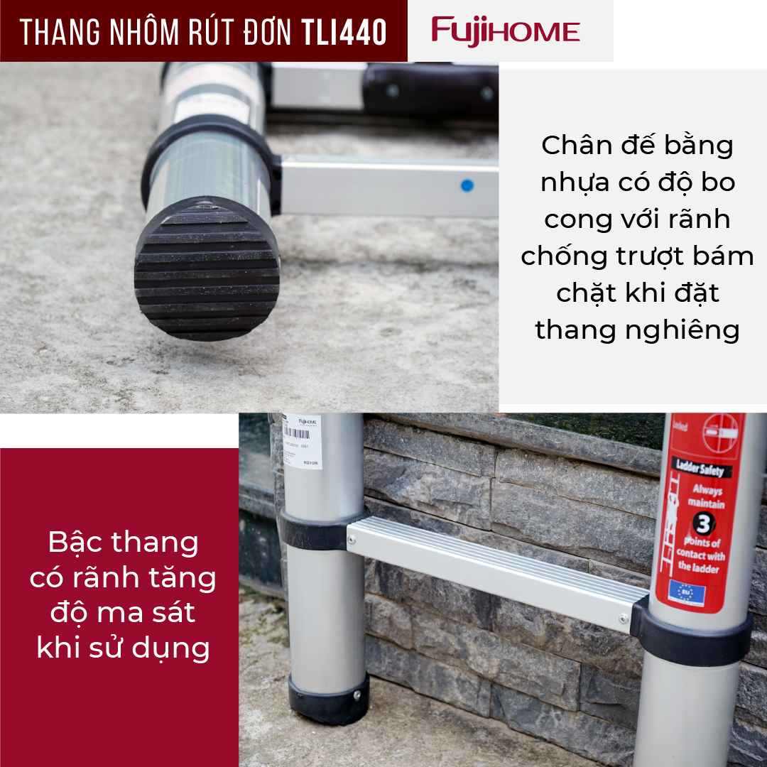 Thang nhôm rút gọn đơn chữ I FUJIHOME TLI440 ( Chiều cao 4,4m, rút gọn 0.93m, tải trọng 150kg ) Hàng chính hãng