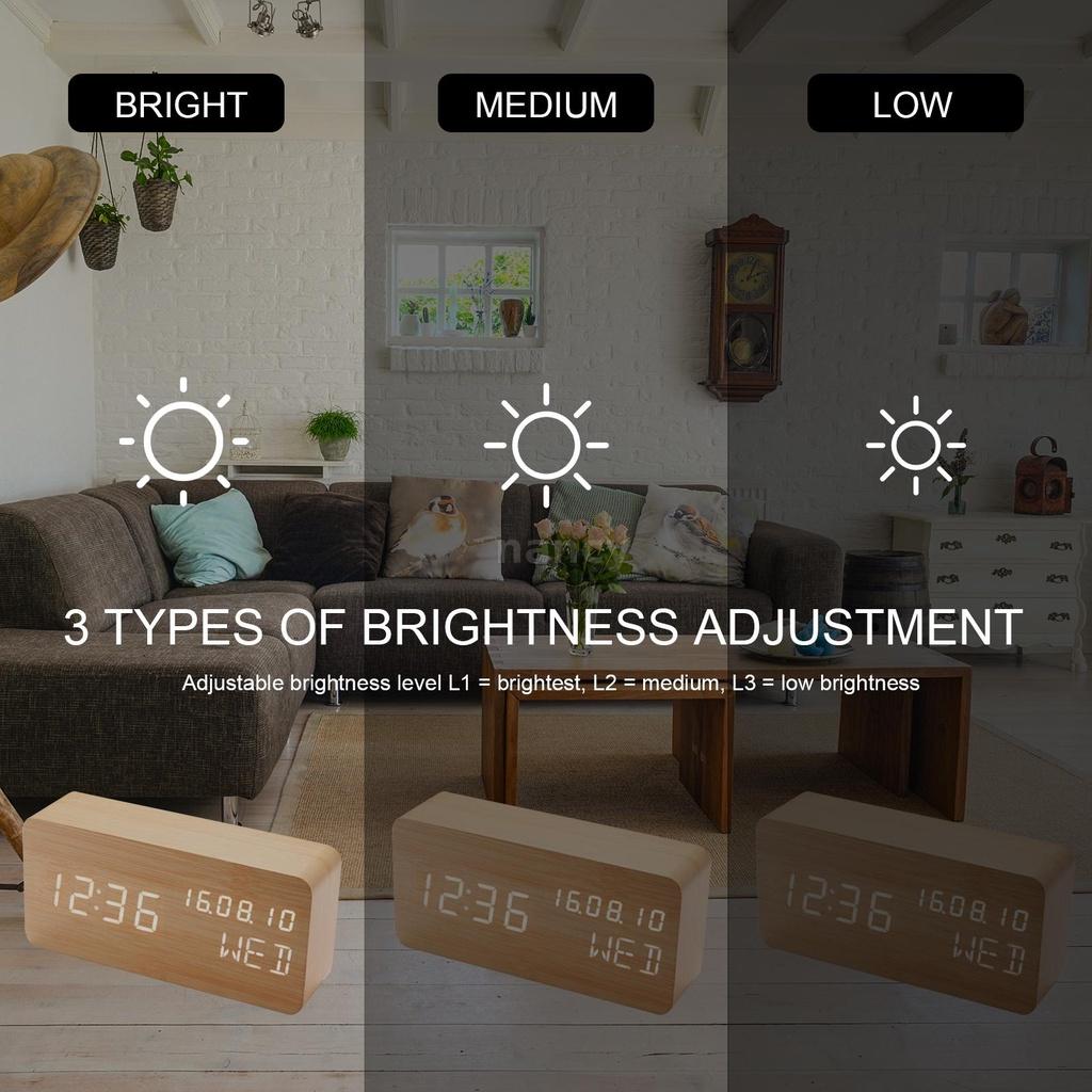Đồng Hồ Báo Thức Để Bàn Bằng Gỗ Điều Khiển Bằng Giọng Nói Có Màn Hình Led 3 Mức Độ
